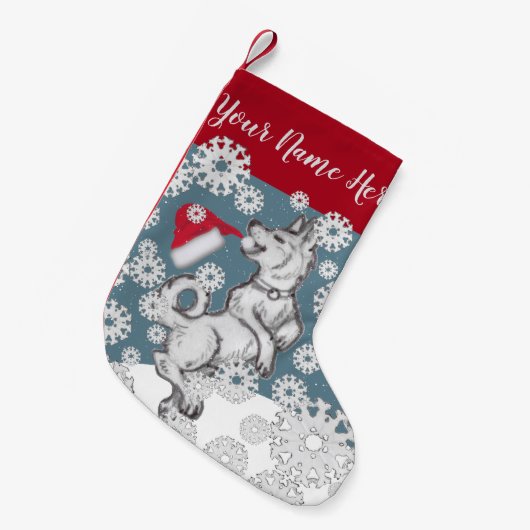 Shiba Inu Dog Weihnachtsmannmütze Blaue Winter Sch Kleiner Weihnachtsstrumpf (Vorderansicht (hängend))