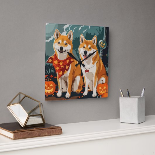 Shiba Inu Halloween Spooky Quadratische Wanduhr (Büro)