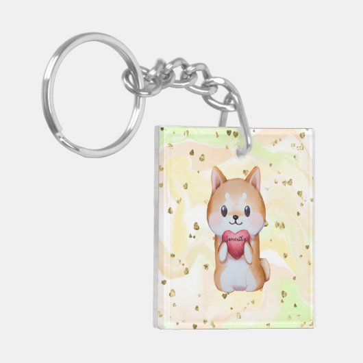 Shiba Inu hält ein Herz Schlüsselanhänger (Vorderseite links)