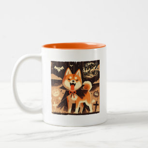 Shiba Inu Hund als Vampir für Halloween Zweifarbige Tasse