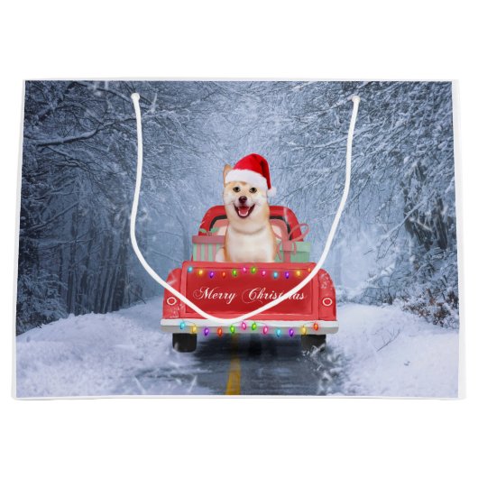 Shiba Inu Hund im Schnee sitzen im Weihnachtswagen Große Geschenktüte (Vorderseite)