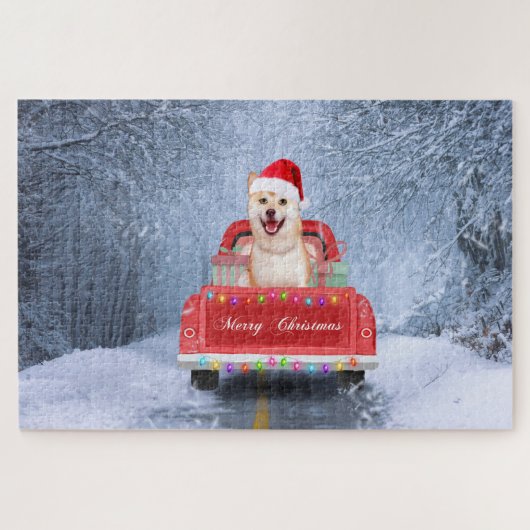 Shiba Inu Hund im Schnee sitzen im Weihnachtswagen Puzzle (Horizontal)