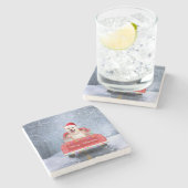 Shiba Inu Hund im Schnee sitzen im Weihnachtswagen Steinuntersetzer (Seitenansicht)