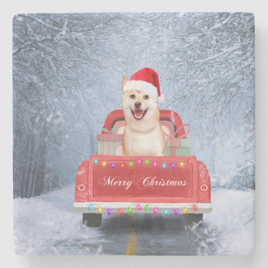 Shiba Inu Hund im Schnee sitzen im Weihnachtswagen Steinuntersetzer (Vorderseite)