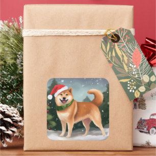 Shiba Inu Hund im Schnee Weihnachten Quadratischer Aufkleber