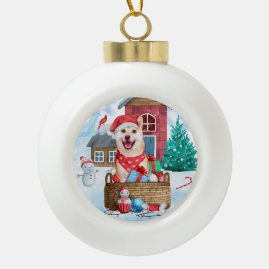 Shiba Inu Hund im Schnee Weihnachtshunde Haus Keramik Kugel-Ornament (Vorderseite)