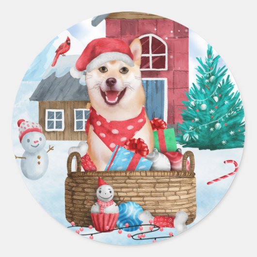 Shiba Inu Hund im Schnee Weihnachtshunde Haus Runder Aufkleber (Vorderseite)