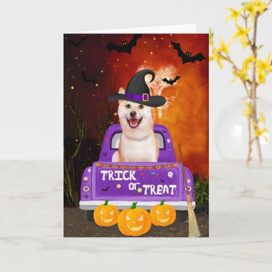 shiba inu Hund in Halloween Truck Karte (Gelbe Blume)