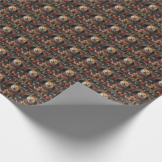 Shiba Inu Hund mit Weihnachtsgeschenken Kamin Geschenkpapier (Ecke)