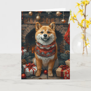 Shiba Inu Hund mit Weihnachtsgeschenken Kamin Karte