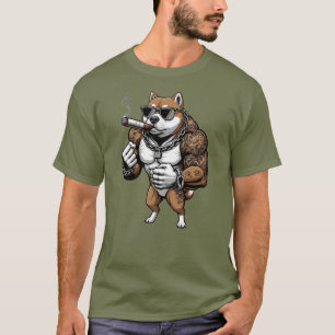 Shiba Inu Hund, muskulös, tätowiert, Bodybuilder T-Shirt