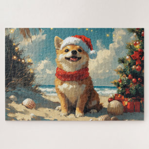 Shiba Inu Hund Weihnachten Vintage Strand Puzzle