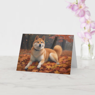 Shiba Inu im Herbst inspiriert durch fallende Blät Karte