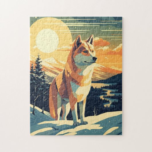 Shiba Inu im schneebedeckten Gebirge bei Sonnenunt Puzzle (Vertikal)