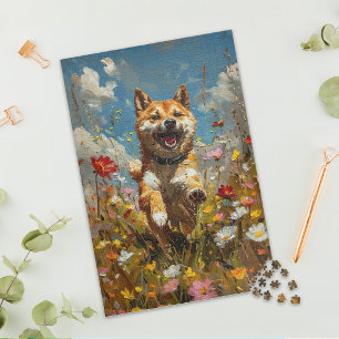 Shiba Inu im Wildblumenfeld Puzzle