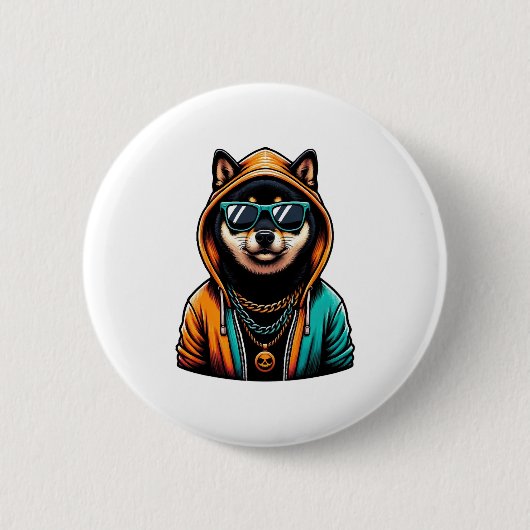 Shiba Inu in Streetwear-Kapuzenpullover Button (Vorderseite)