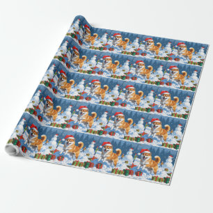 Shiba Inu läuft im Schnee mit Weihnachtsmütze Geschenkpapier