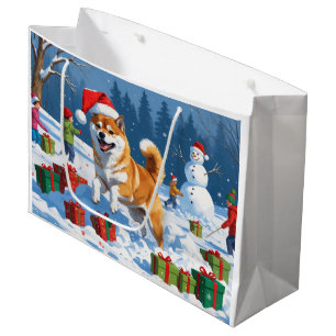 Shiba Inu läuft im Schnee mit Weihnachtsmütze Große Geschenktüte
