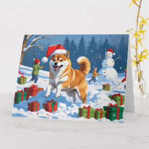 Shiba Inu läuft im Schnee mit Weihnachtsmütze Karte