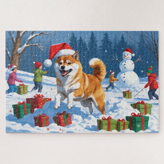 Shiba Inu läuft im Schnee mit Weihnachtsmütze Puzzle (Horizontal)