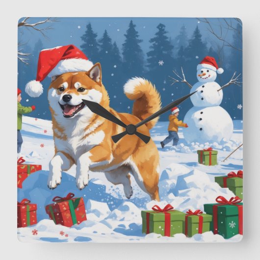 Shiba Inu läuft im Schnee mit Weihnachtsmütze Quadratische Wanduhr (Vorderseite)