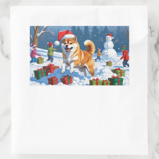 Shiba Inu läuft im Schnee mit Weihnachtsmütze Rechteckiger Aufkleber (Tasche)