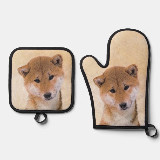 Shiba Inu Malerei Rotes Niedliches Original Hausti Ofenhandschuh & Topflappen-Set (Vorderseite)