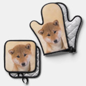 Shiba Inu Malerei Rotes Niedliches Original Hausti Ofenhandschuh & Topflappen-Set (Vorderseite/Rückseite)