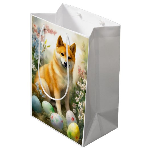 Shiba Inu mit Ostereiern Urlaub Mittlere Geschenktüte (Rückseite Schrägansicht)