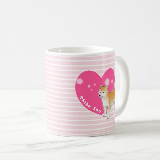 Shiba Inu mit rosa Herz und Streifen Kaffeetasse (VorderseiteRechts)