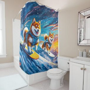Shiba Inu on Snowboards Design von Rich AMeN Gill Duschvorhang