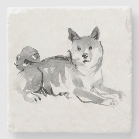 Shiba Inu Original Malerei 2 Hunde Jahr 2018 Stone Steinuntersetzer (Vorderseite)