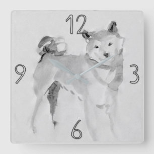 Shiba Inu Original Malerei Hund Jahr Geburtstag WC Quadratische Wanduhr