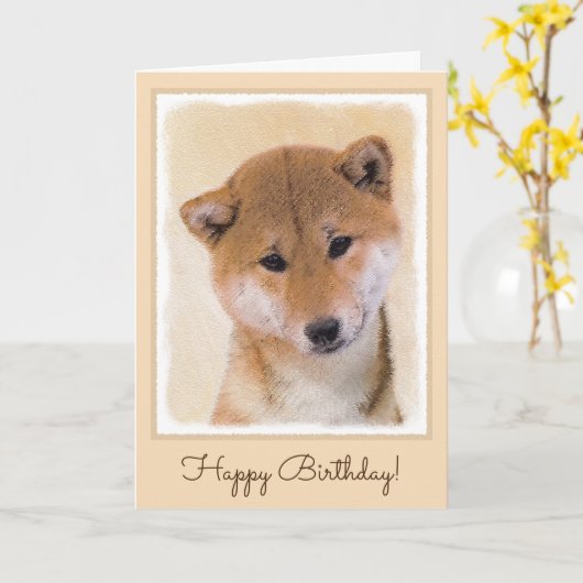 Shiba Inu (Rot) Malerei - Original Hunde Kunst Karte (Gelbe Blume)