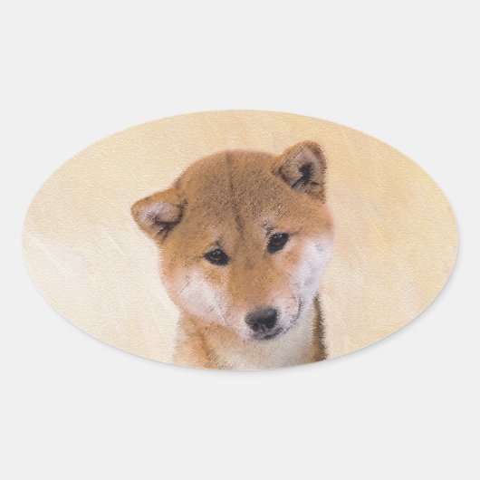 Shiba Inu (Rot) Malerei - Original Hunde Kunst Ovaler Aufkleber (Vorderseite)