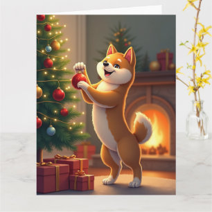Shiba Inu schmückt den Weihnachtsbaum Malerei Karte