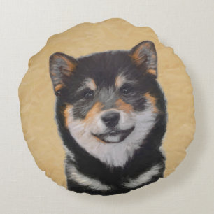 Shiba Inu (Schwarz und Tan) Malerei - Hundekunst Rundes Kissen