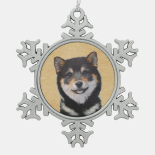 Shiba Inu (Schwarz und Tan) Malerei - Hundekunst Schneeflocken Zinn-Ornament