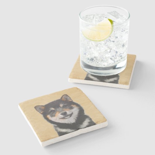 Shiba Inu (Schwarz und Tan) Malerei - Hundekunst Steinuntersetzer (Seitenansicht)