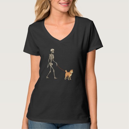 Shiba Inu Skeleton Dog Walking Halloween Dog T-Shirt (Vorderseite)