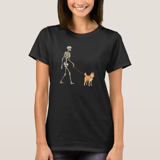 Shiba Inu Skeleton Dog Walking Halloween Dog T-Shirt (Vorderseite)