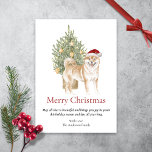 Shiba Inu und Christmas Tree Haustier Hund Feiertagskarte<br><div class="desc">Diese bezaubernde Weihnachtskarte mit Shiba Inu-Motiven zeigt eine Shiba,  die eine Weihnachtsmannmütze trägt,  die vor einem beleuchteten Weihnachtsbaum sitzt. Der Gruß auf der Karte lautet "Frohe Weihnachten" "Möge alles,  was schön ist und Ihnen Freude bringt,  sein diese Feriensaison und das ganze Jahr lang" und kann personalisiert sein.</div>