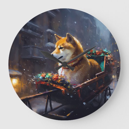 Shiba Inu Weihnachtsfeiertage Große Wanduhr (Vorderseite)