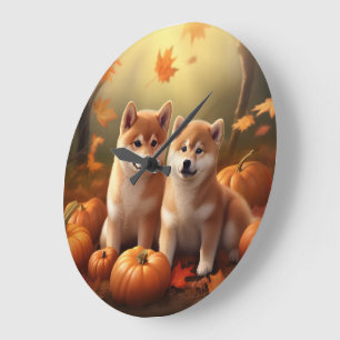 Shiba Inu Welpe Herbstfreude Kürbis Große Wanduhr