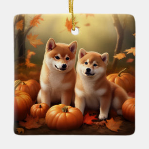 Shiba Inu Welpe Herbstfreude Kürbis Keramikornament