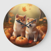 Shiba Inu Welppy Autumn Delight Pumpkin Große Wanduhr (Vorderseite)