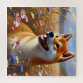 Shiba Inu Wildblume Ölgemälde Puzzle (Horizontal)