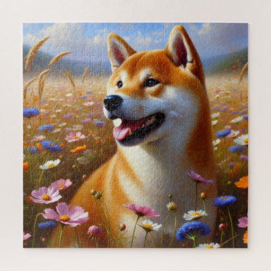 Shiba Inu Wildblume Ölgemälde Puzzle (Vertikal)