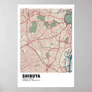 Shibuya Map Poster - Tokio Stilvolle farbenfrohe K