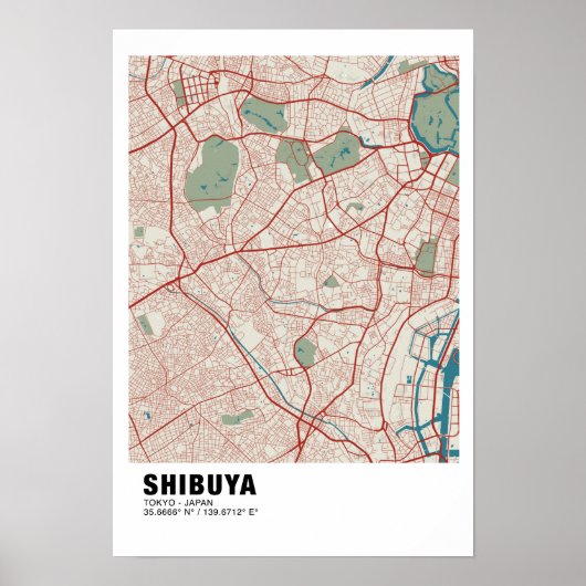 Shibuya Map Poster - Tokio Stilvolle farbenfrohe K (Vorne)